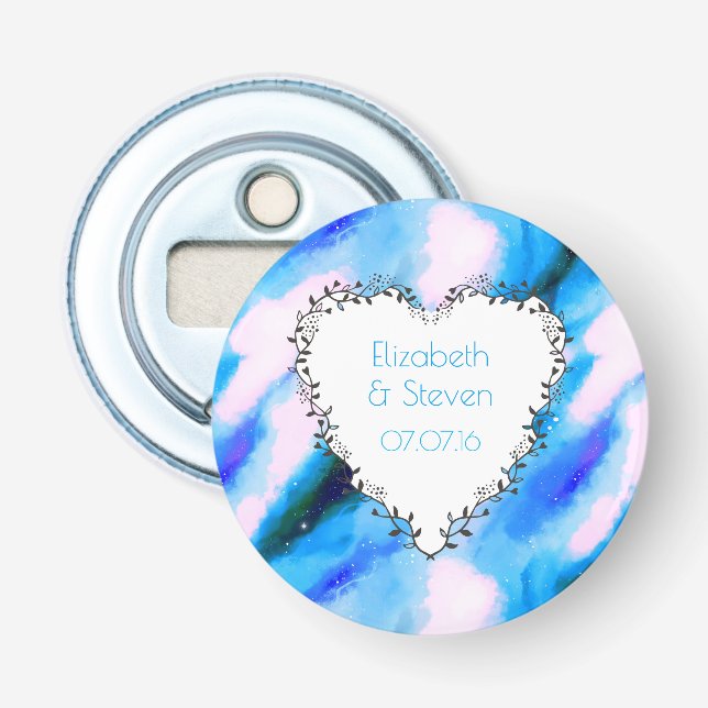 Heart Shaped Wreath On Blue Abstract Wedding Bottle Opener (Front)