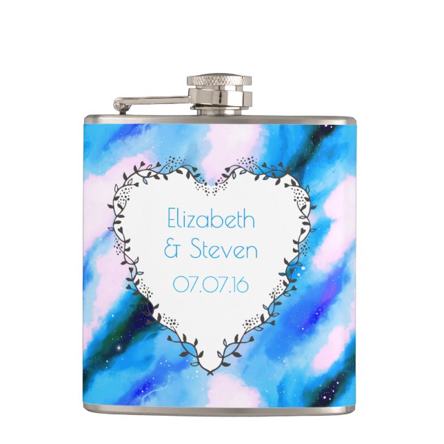 Heart Shaped Wreath On Blue Abstract Wedding Favou Hip Flask (Front)
