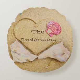 heart, shells, + Love on beach custom pillow