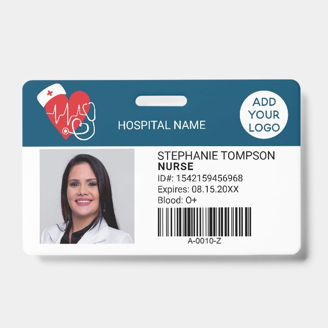 Heart sign blue professional nurse photo logo code ID badge (Front)