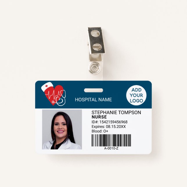 Heart sign blue professional nurse photo logo code ID badge (Front with Clip)