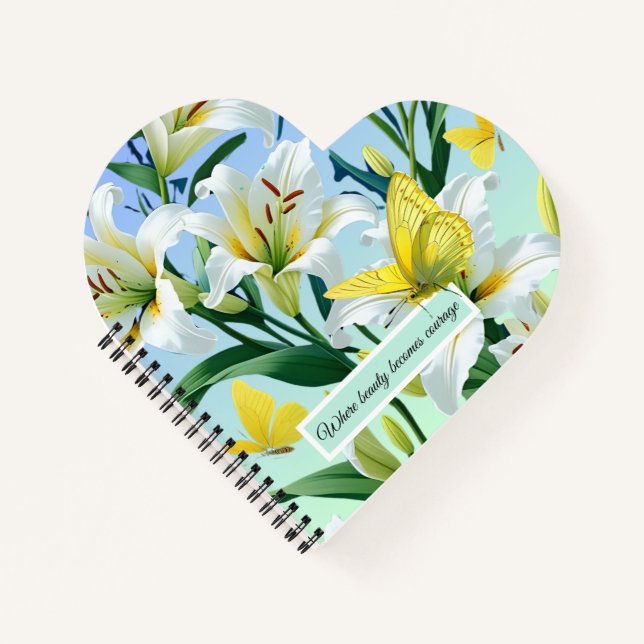 Heart Spiral Notebook Yellow Butterfly White lily (Front)