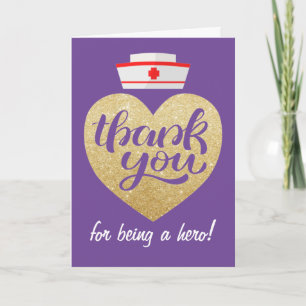 Heart Stethoscope Purple Gold Nurse Thank You Card