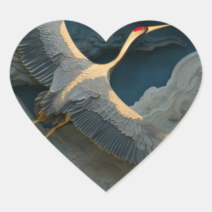 Heart Sticker - Elegant Red-Crowned Crane Flying