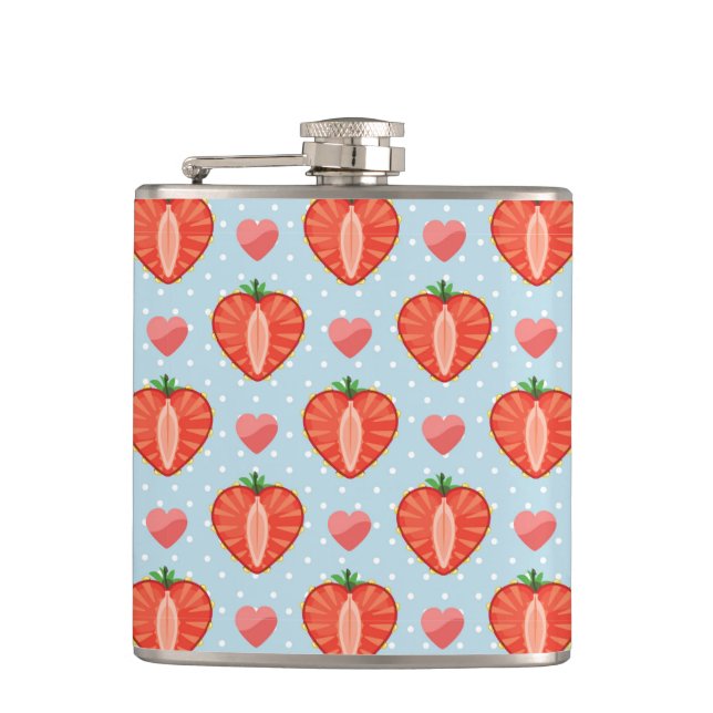 Heart Strawberries with Polka Dots And Hearts Hip Flask (Front)