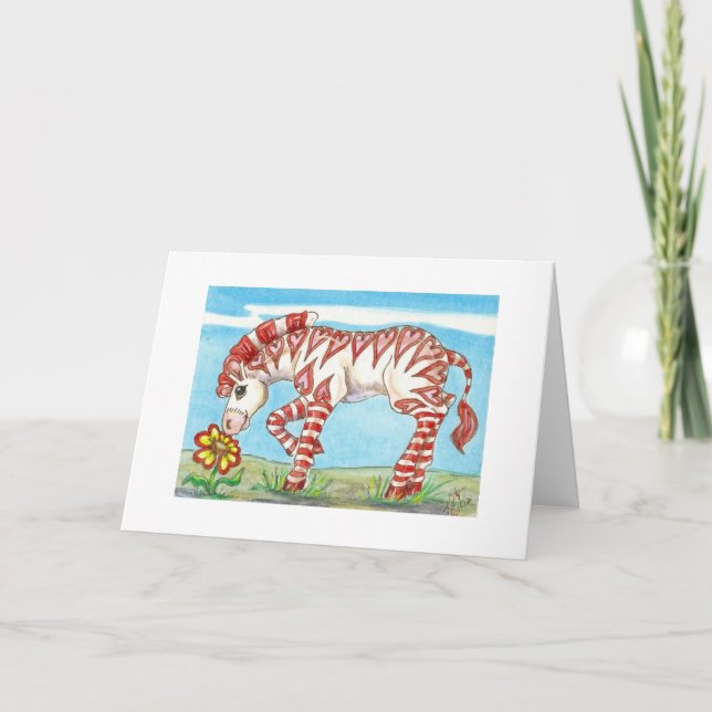 Heart Stripe Valentine Zebra and Flower Holiday Card (Front)
