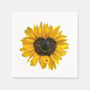 Heart Sunflower and Ladybug on White Napkin