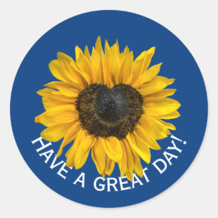 Heart Sunflower On Blue Classic Round Sticker