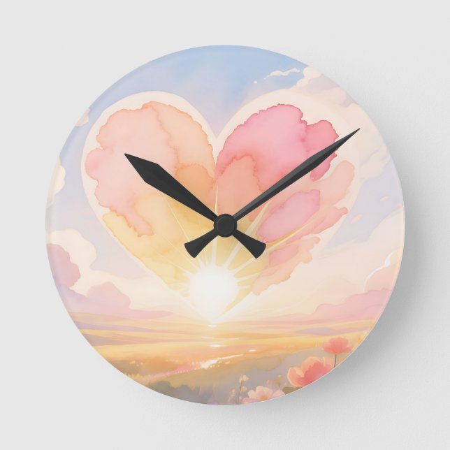 Heart Sunrise Watercolor Landscape Round Clock (Front)
