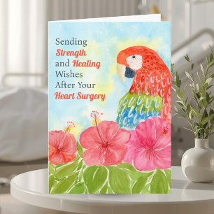 Heart Surgery Healing Scarlet Macaws, Hibiscus Card