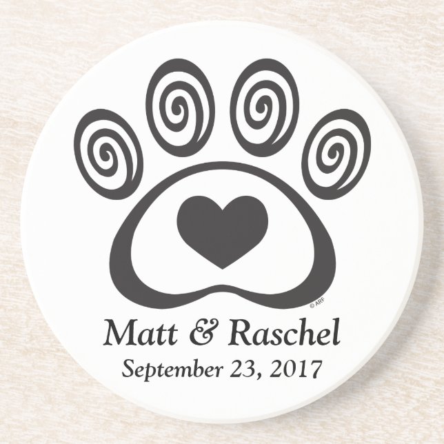 Heart & Swirl Paw Print Stone Coaster Wedding Gift (Front)
