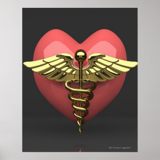 Heart symbol with medical symbol (caduceus) poster