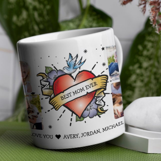 Heart Tattoo Personalised 8 Photo Collage Coffee Mug (Celebrate mom's one-of-a-kind style with this playful and heartfelt design! Customise Banner...)