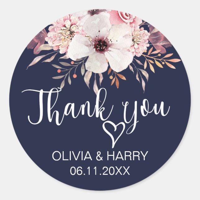 Heart Thank You Wedding Favour Stickers | Navy Blu (Front)