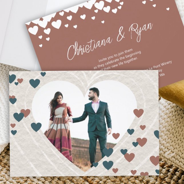 Heart Themed Wedding, Romantic Rust Copper Teal Invitation (terracotta rust copper teal green wedding invitations save the dates announcments hearts)