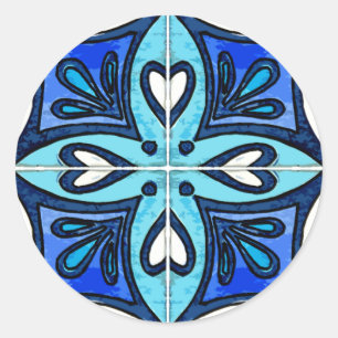 Heart Tiles Inspired by Portuguese Azulejos Blue Classic Round Sticker