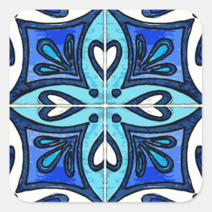 Heart Tiles Inspired by Portuguese Azulejos Blue Square Sticker
