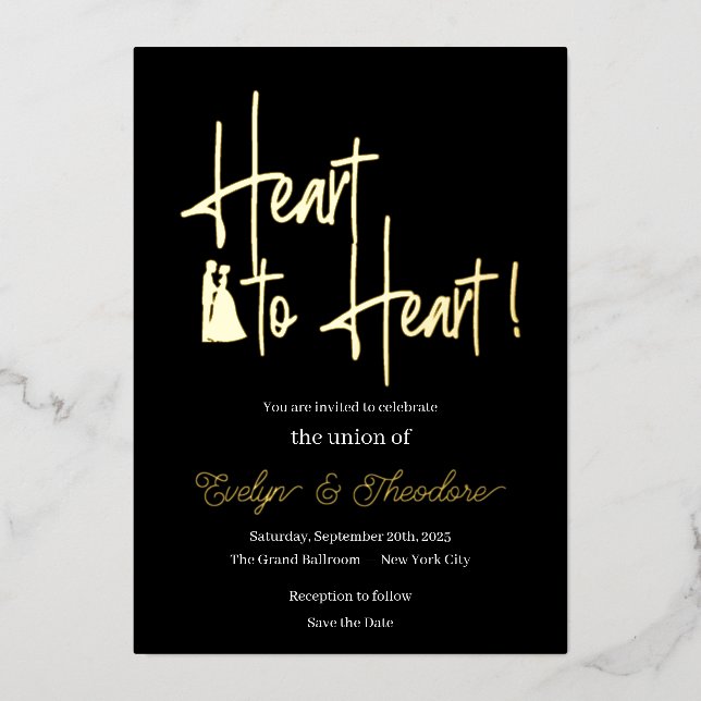 Heart to Heart Gold & White Foil Engagement Invita (Front)