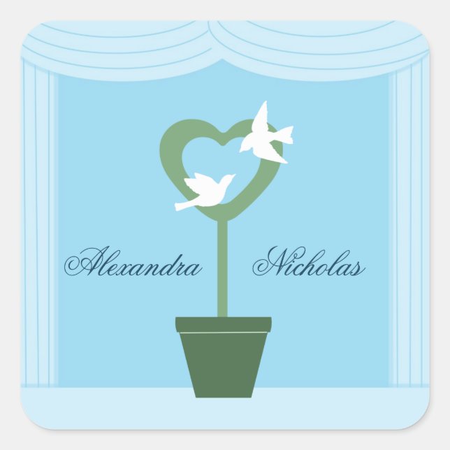 Heart Topiary and Doves Blue Wedding Stickers (Front)
