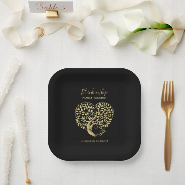 Heart Tree Family Reunion Black Gold  Paper Plate (Wedding)