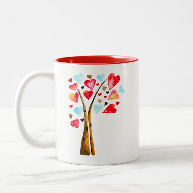 Heart tree valentines watercolor art Two-Tone coffee mug (Left)