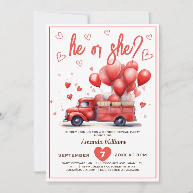 Heart truck valentine gender reveal invitation (Front)