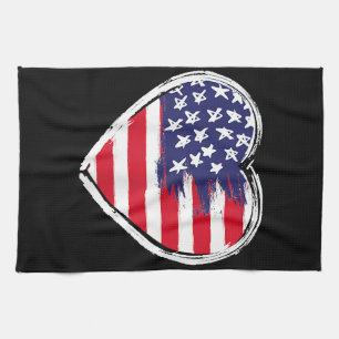 Heart US Flag 4th of July Patriotic American Stars Tea Towel