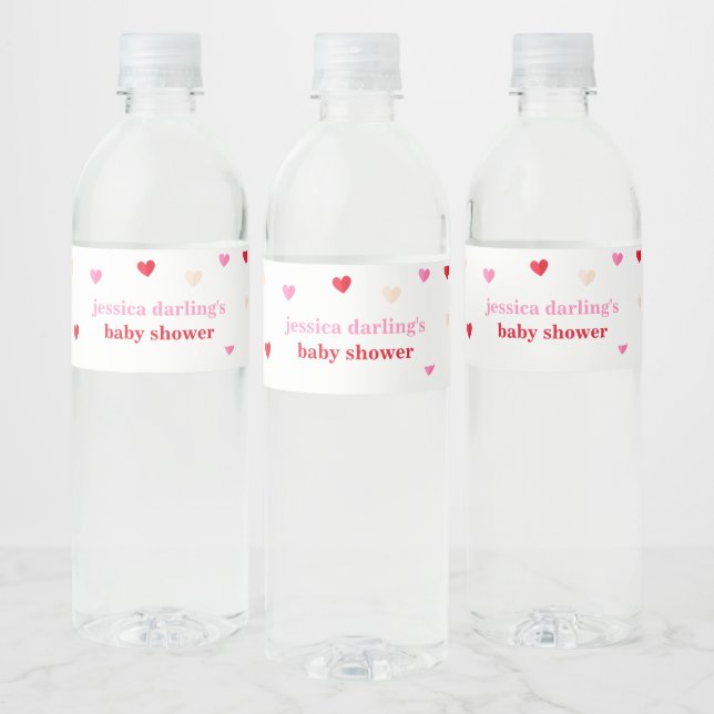 Heart Valentine Theme Baby Girl Shower Red Pink  Water Bottle Label (Bottles)
