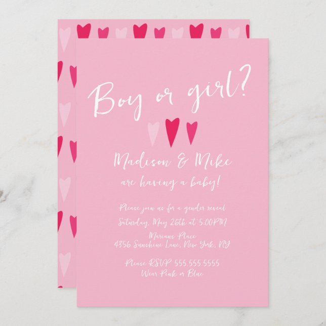 Heart Valentines Day Gender Reveal Pink Red Invitation (Front/Back)