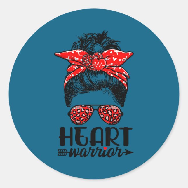 Heart Warrior Messy Bun Go Red - Heart Disease Awa Classic Round Sticker (Front)