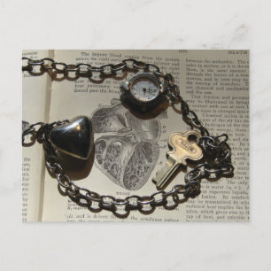 Heart, Watch, Key Necklace on Vintage Human Heart Postcard
