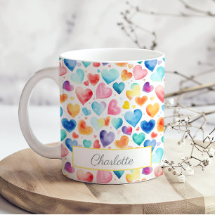 Heart Watercolor Colorful Cute Love Custom Name Coffee Mug