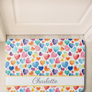 Heart Watercolor Colourful Cute Love Custom Name Bath Mat