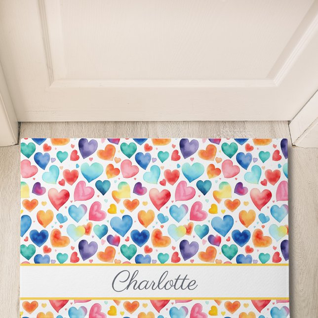 Heart Watercolor Colourful Cute Love Custom Name  Doormat (Creator Uploaded)