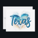 Heart Wave Texas Beach Postcard<br><div class="desc">Watercolor heart wave on a beach with blue and navy bold modern script for "Texas". 
You can customise the font size,  style,  colour and drop shadow colour to create your own souvenir style postcard. 
Reduce the font size for other longer words.
A gift for your favourite Texan.</div>