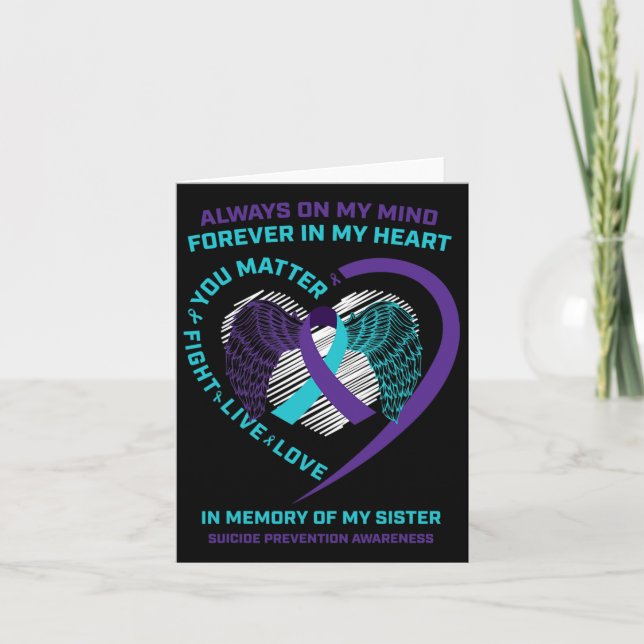 Heart Wings In Memory Of Sister Suicide Awareness  Card (Front)