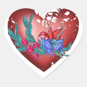 Heart with blue and red flowers and green branches sticker