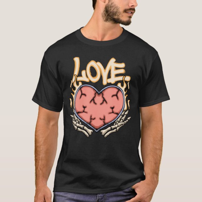 Heart with Flames and Skeleton Hands streetwear  T-Shirt (Front)
