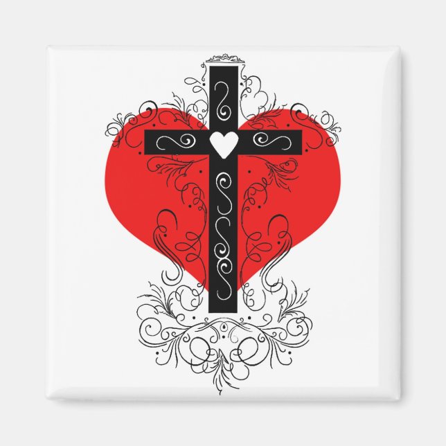 Heart with flourish cross magnet (Front)