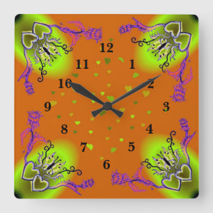 Heart with Flower and Butterfly Square Wall Clock