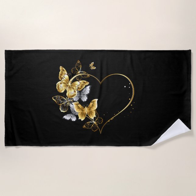 Heart with Golden Butterflies Beach Towel (Front)