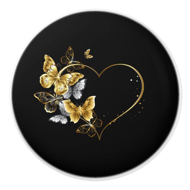 Heart with Golden Butterflies Ceramic Knob (Front)