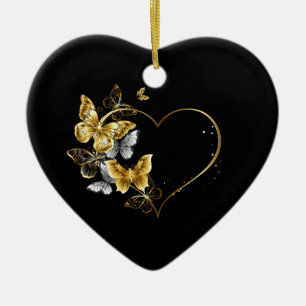 Heart with Golden Butterflies Ceramic Tree Decoration
