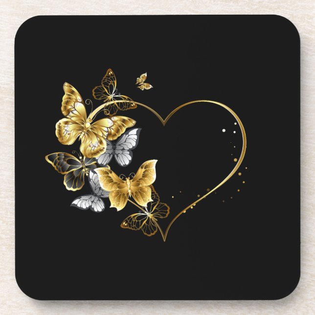Heart with Golden Butterflies Coaster (Front)
