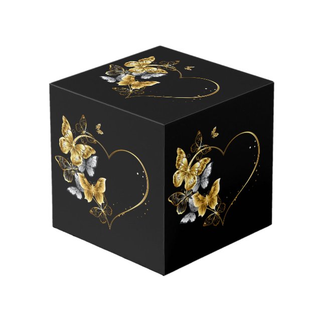 Heart with Golden Butterflies Cube (Front Angled)