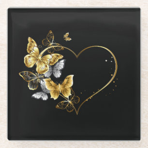 Heart with Golden Butterflies Glass Coaster