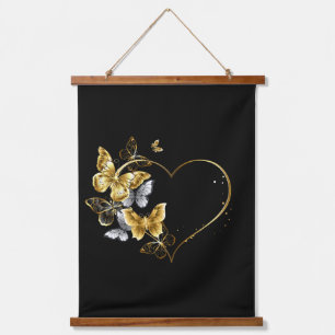 Heart with Golden Butterflies Hanging Tapestry