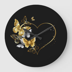 Heart with Golden Butterflies Large Clock