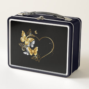 Heart with Golden Butterflies Metal Lunch Box