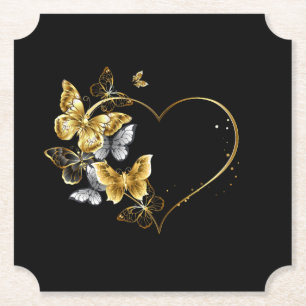 Heart with Golden Butterflies Paper Coaster